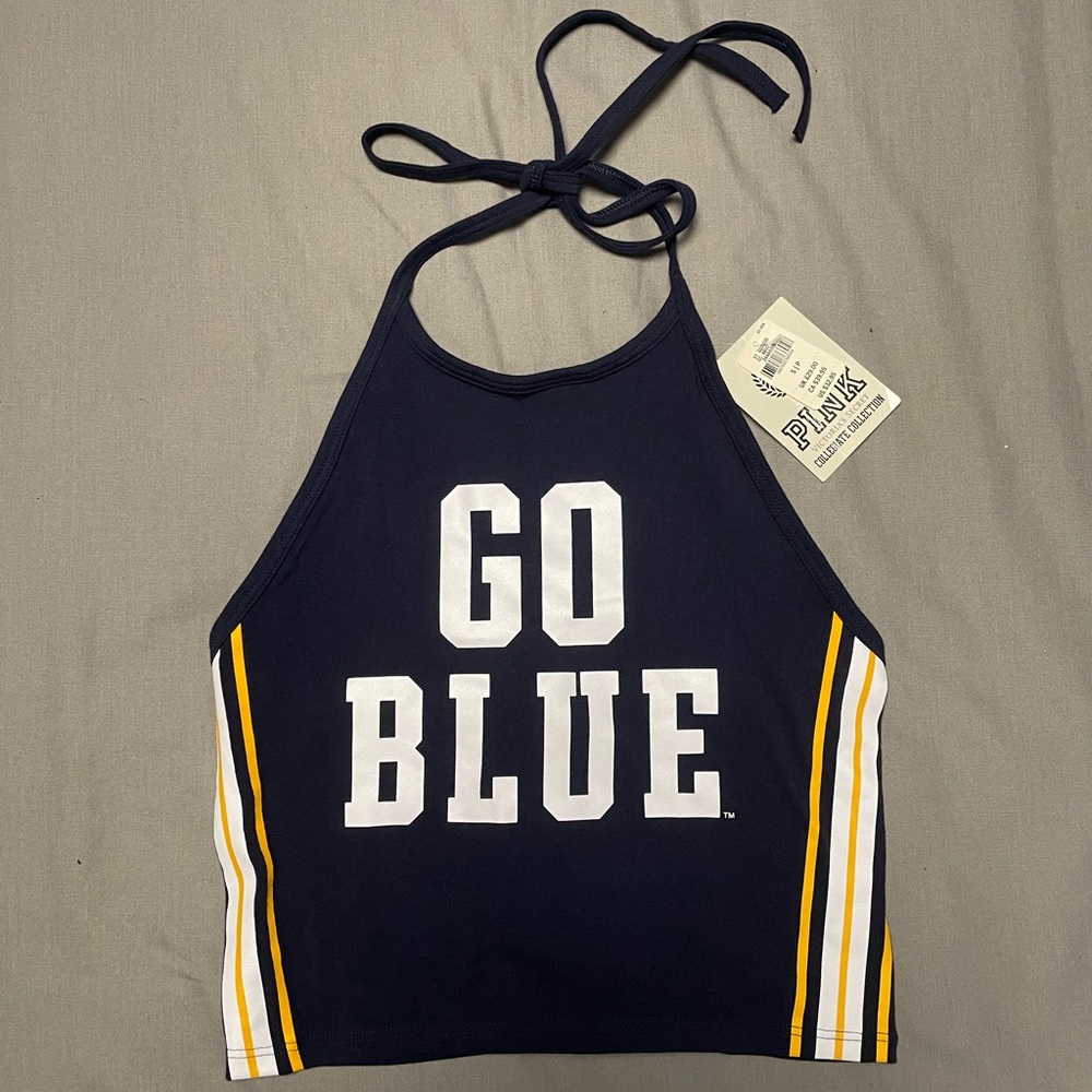 PINK COLLEGIATE COLLECTION: Michigan “GO BLUE” Halter Crop Top
